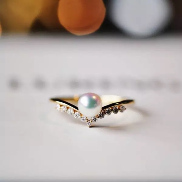 Pearl Ring, Chevron Ring, CZ Stacking Ring - Picture 1 of 6